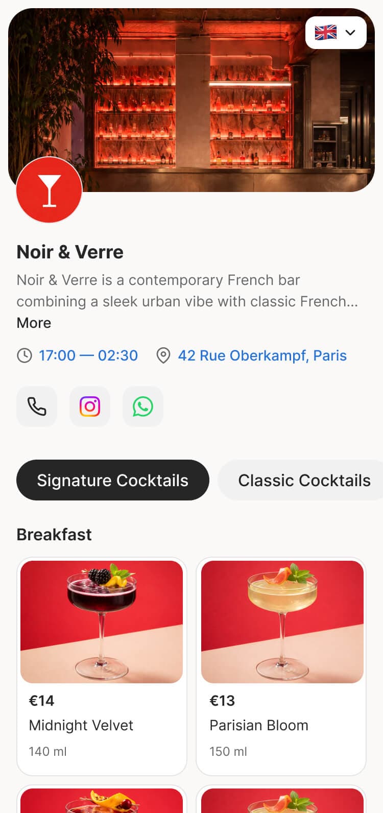 Bar menu example
