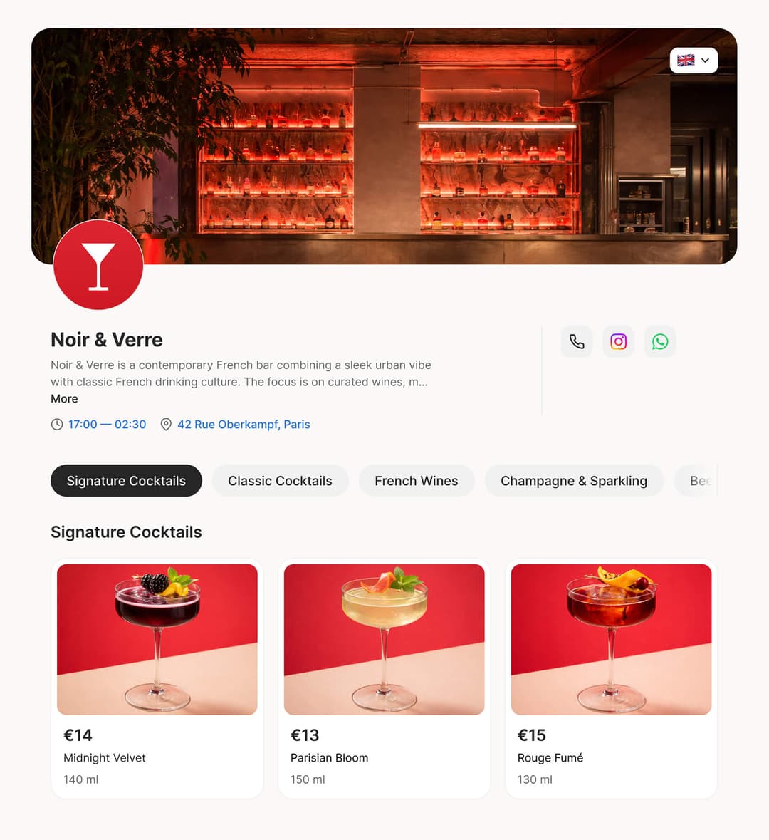 Bar menu example